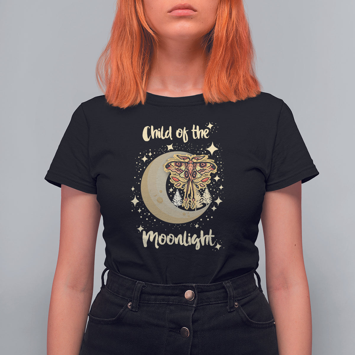 Moth T Shirt For Women Celestial Child Of The Moonlight Luna Moth Mystic Retro Boho Moon Child Actias Luna Crescent Moon Mystical Night Alchemy Shirt for Women, Moth T-shirt, Spirituality Shirt - Wonder Print Shop