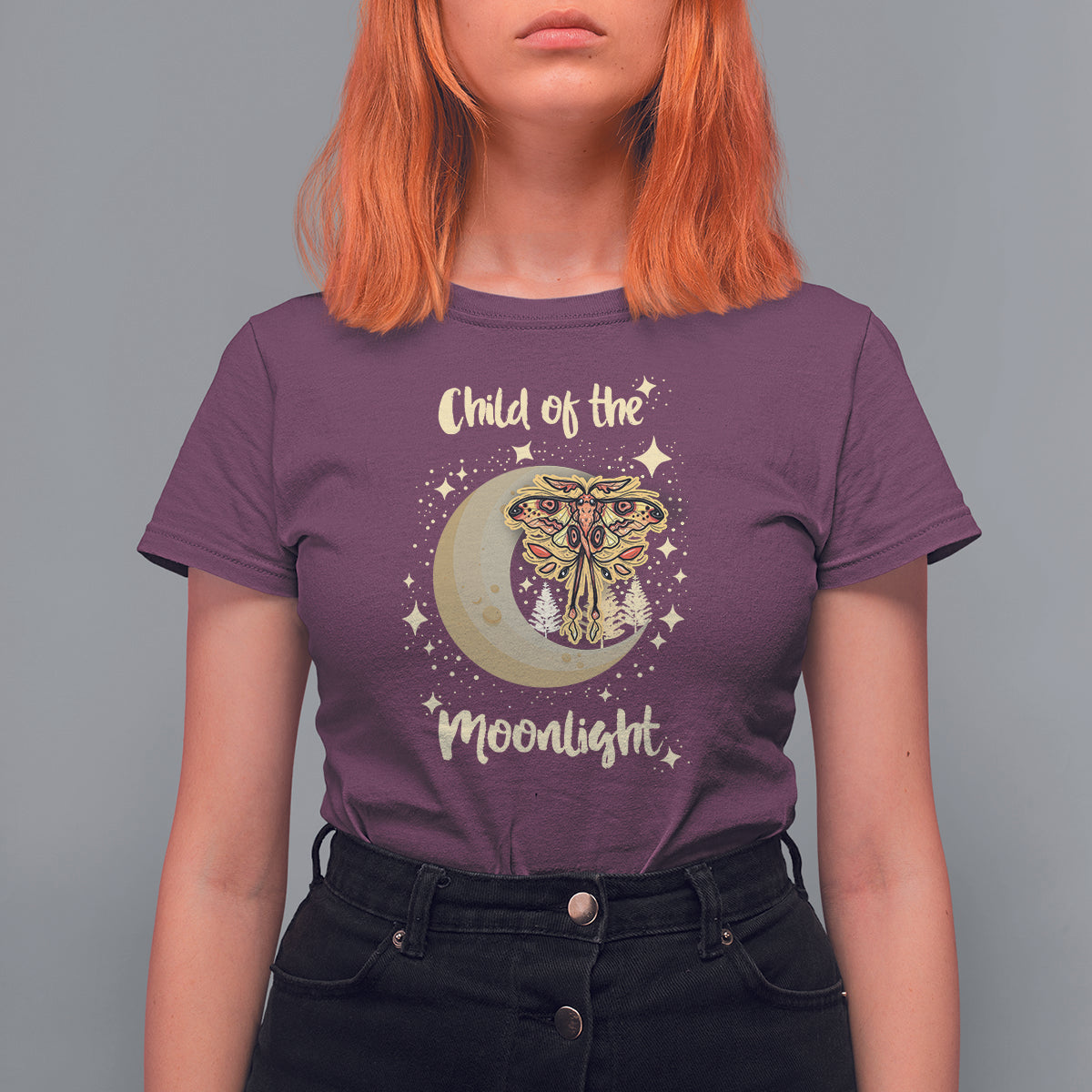Moth T Shirt For Women Celestial Child Of The Moonlight Luna Moth Mystic Retro Boho Moon Child Actias Luna Crescent Moon Mystical Night Alchemy Shirt for Women, Moth T-shirt, Spirituality Shirt - Wonder Print Shop