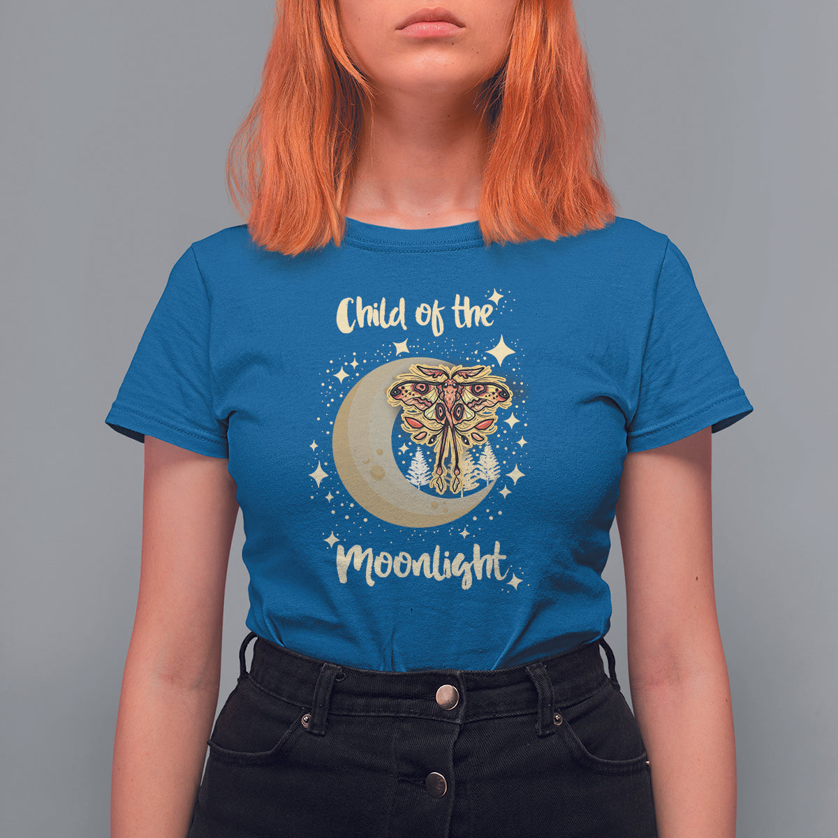 Moth T Shirt For Women Celestial Child Of The Moonlight Luna Moth Mystic Retro Boho Moon Child Actias Luna Crescent Moon Mystical Night Alchemy Shirt for Women, Moth T-shirt, Spirituality Shirt - Wonder Print Shop