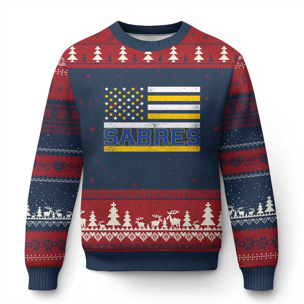 Retro Patriotic Sabres Name Pride American Flag Ugly Christmas Sweater Distressed Sports Fan Graphic