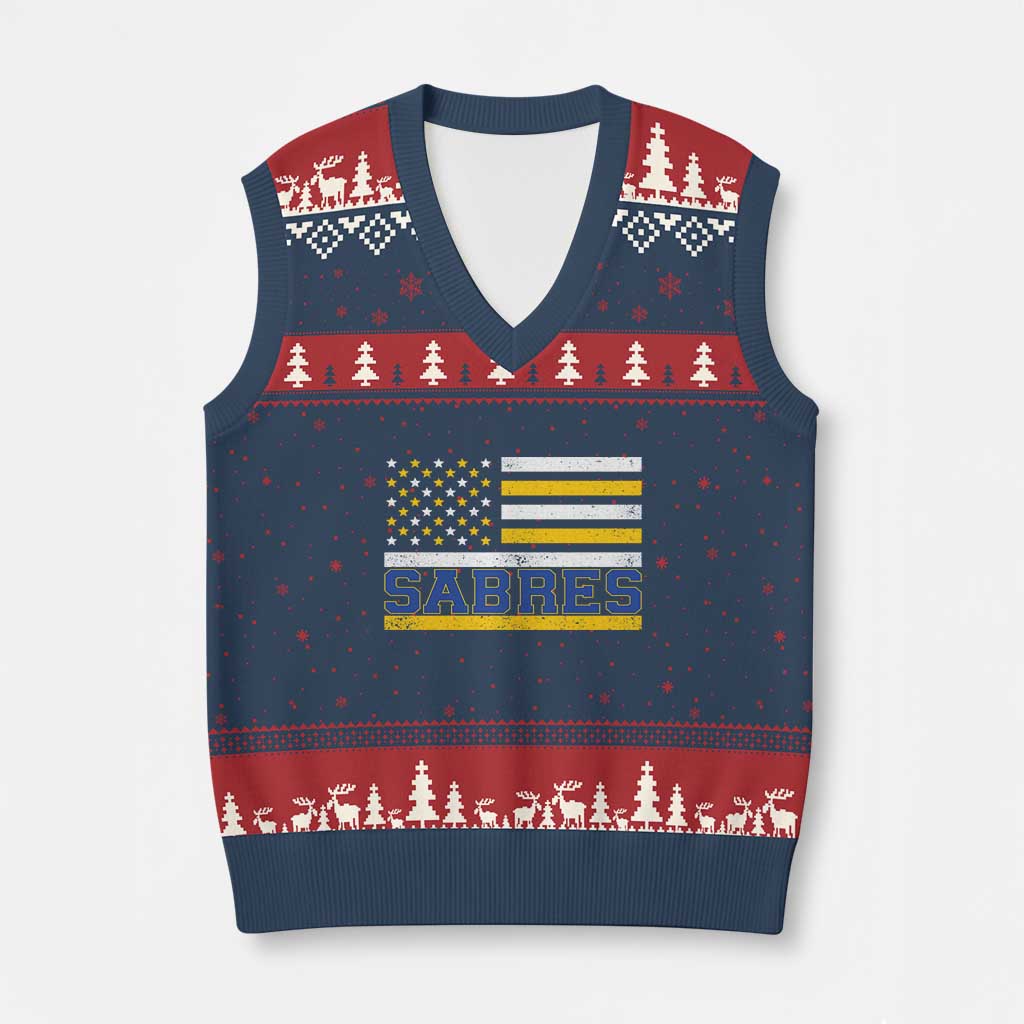 Retro Patriotic Sabres Name Pride American Flag V-Neck Knit Sweater Vest Distressed Sports Fan Graphic