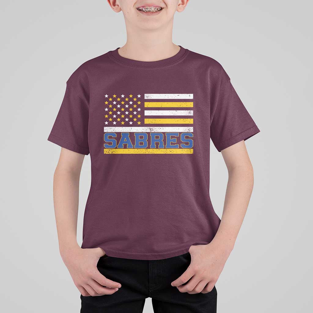 Retro Patriotic Sabres Name Pride American Flag T Shirt For Kid Distressed Sports Fan Graphic