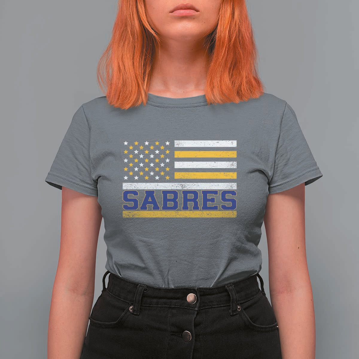 Retro Patriotic Sabres Name Pride American Flag T Shirt For Women Distressed Sports Fan Graphic