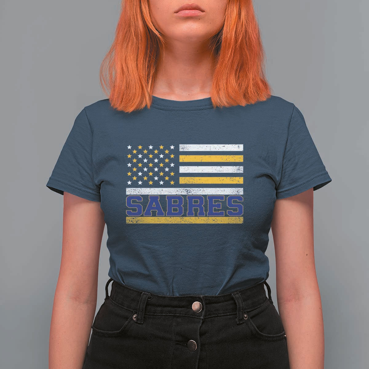 Retro Patriotic Sabres Name Pride American Flag T Shirt For Women Distressed Sports Fan Graphic