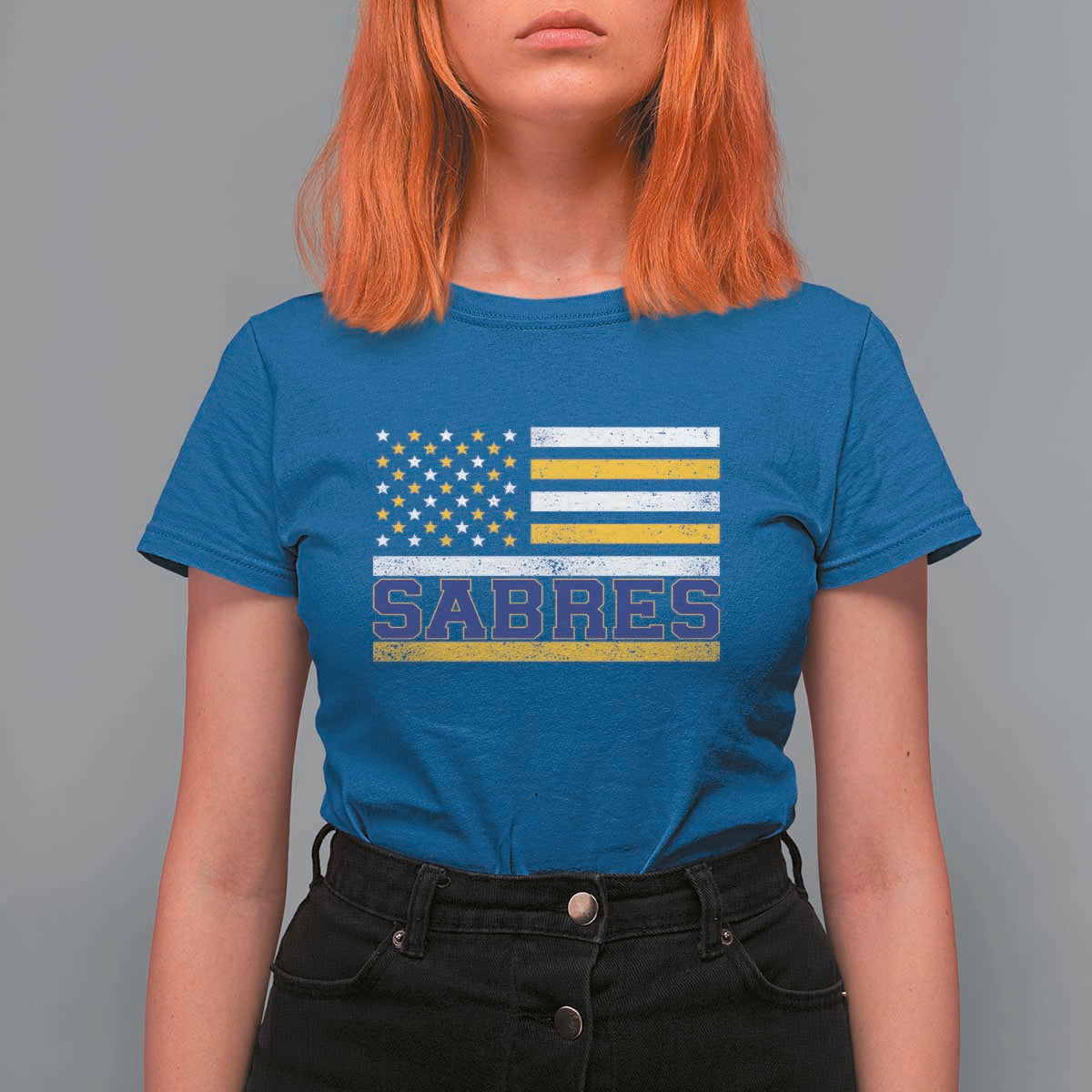 Retro Patriotic Sabres Name Pride American Flag T Shirt For Women Distressed Sports Fan Graphic