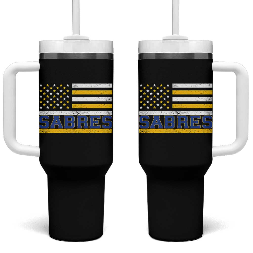Retro Patriotic Sabres Name Pride American Flag Tumbler With Handle Distressed Sports Fan Graphic