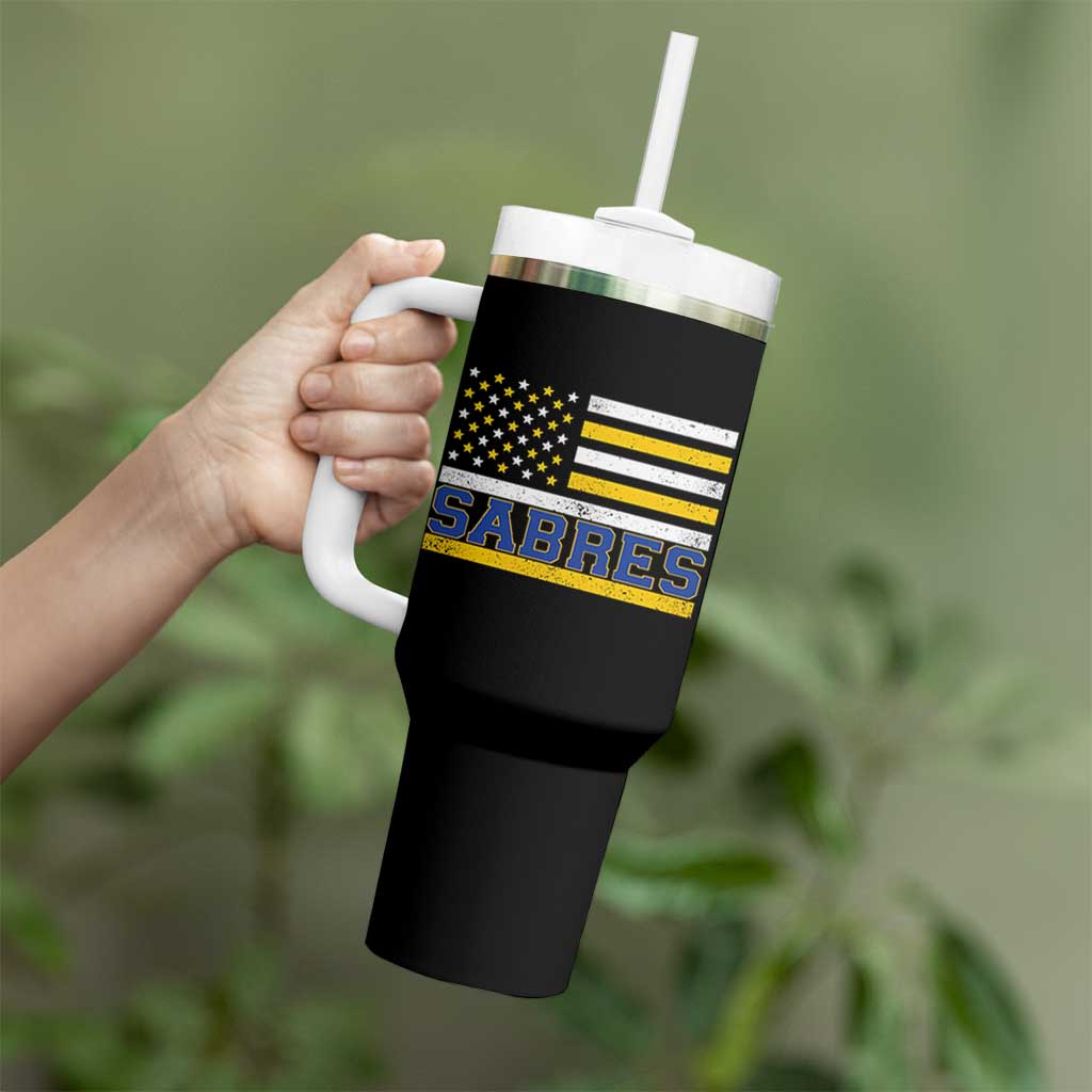 Retro Patriotic Sabres Name Pride American Flag Tumbler With Handle Distressed Sports Fan Graphic