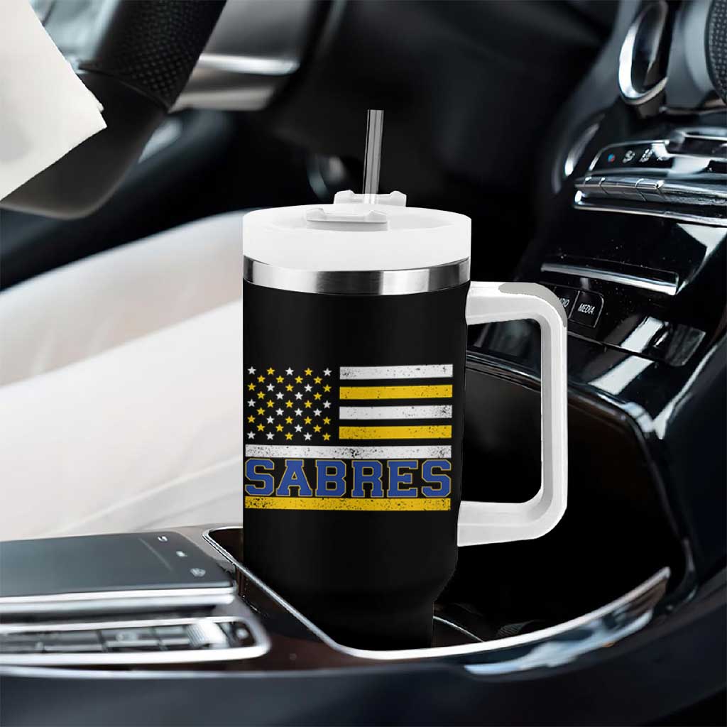 Retro Patriotic Sabres Name Pride American Flag Tumbler With Handle Distressed Sports Fan Graphic
