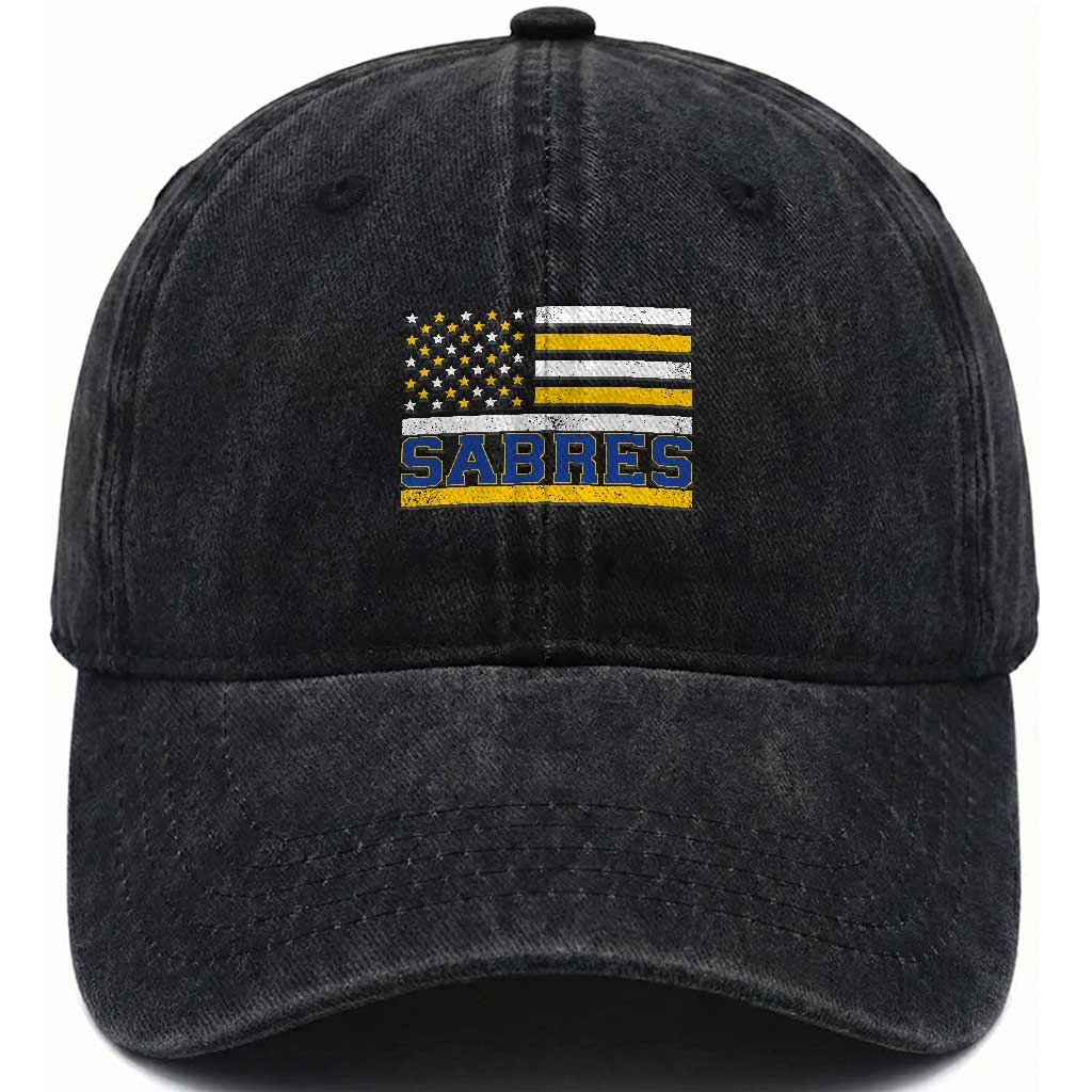 Retro Patriotic Sabres Name Pride American Flag Washed Cotton Baseball Cap Distressed Sports Fan Graphic