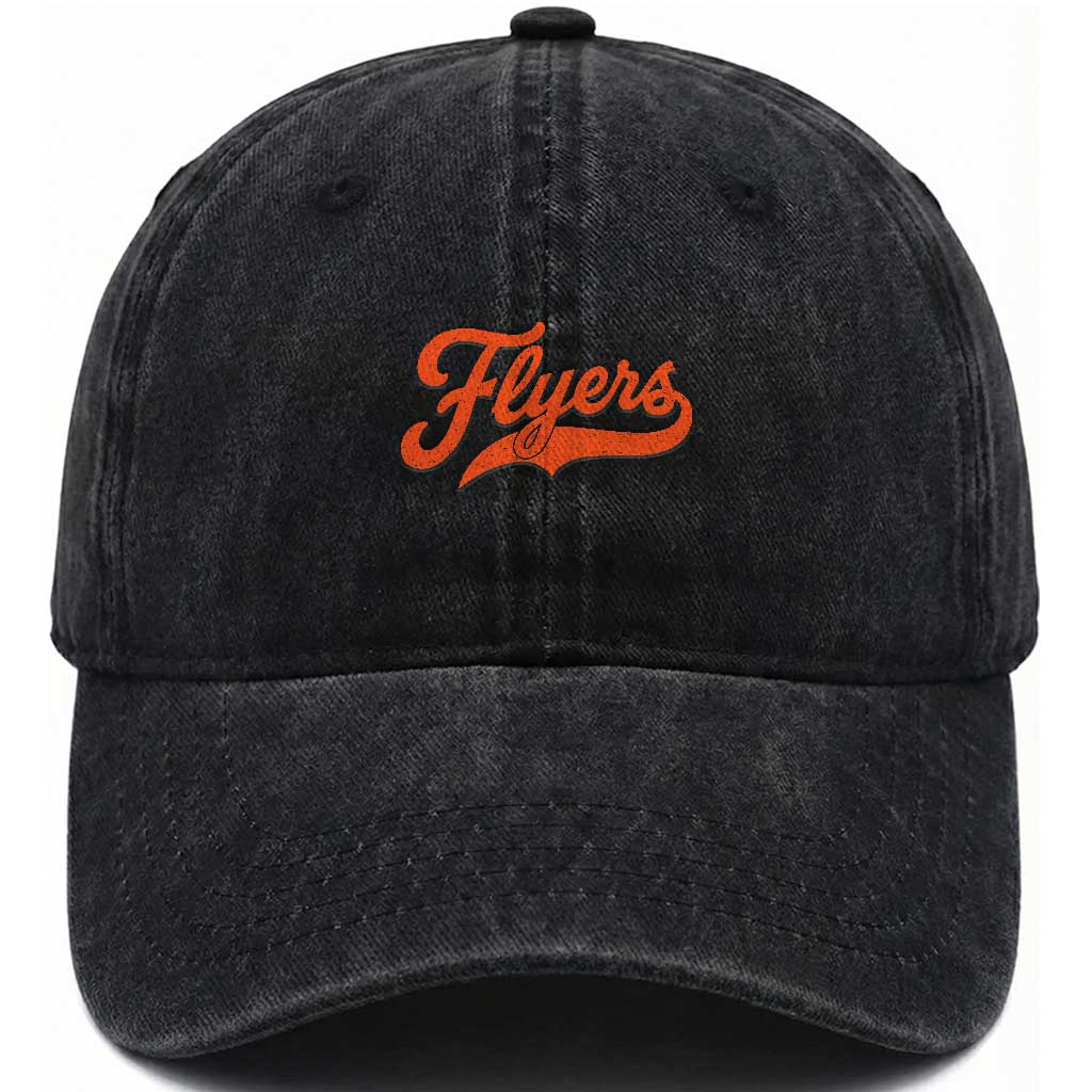 Vintage Flyers Name Script Style Washed Cotton Baseball Cap Retro Distressed Tailgate Spirit Sports Fan