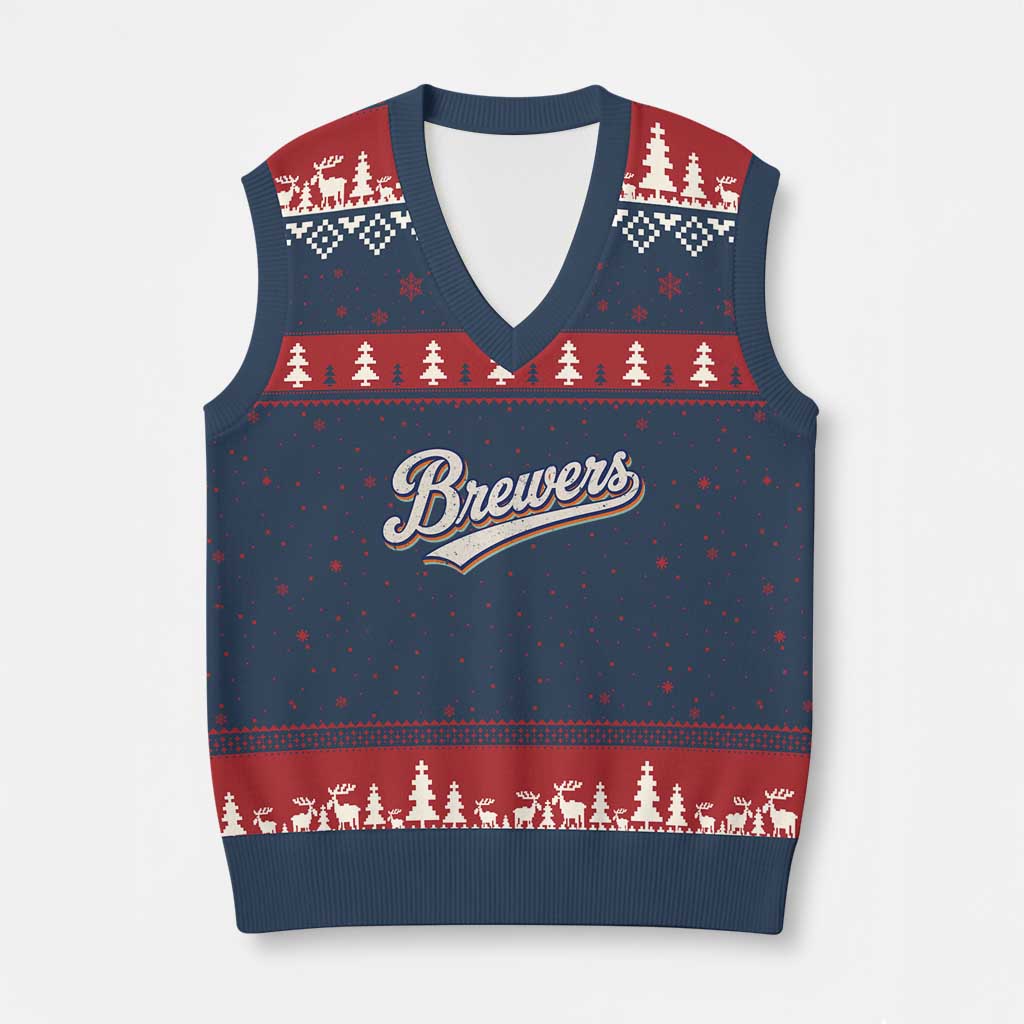 Vintage 70s Brewers Name Script Style V-Neck Knit Sweater Vest Retro Distressed Tailgate Spirit Sports Fan