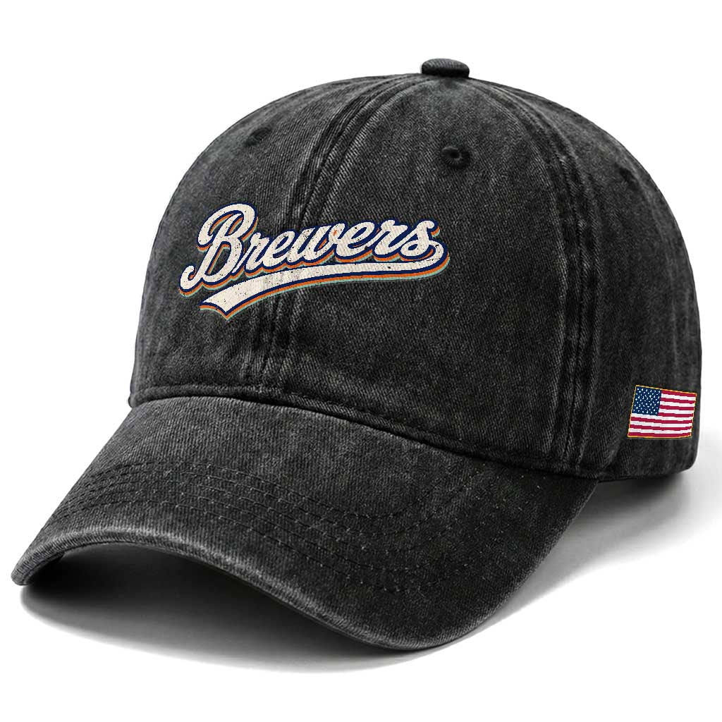 Vintage 70s Brewers Name Script Style Washed Cotton Baseball Cap Retro Distressed Tailgate Spirit Sports Fan
