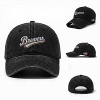 Vintage 70s Brewers Name Script Style Washed Cotton Baseball Cap Retro Distressed Tailgate Spirit Sports Fan