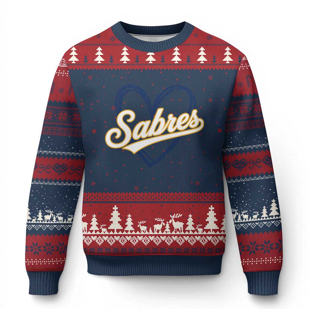 Vintage 70s Sabres Name Heart Script Style Ugly Christmas Sweater Retro Distressed Tailgate Spirit Sports Fan