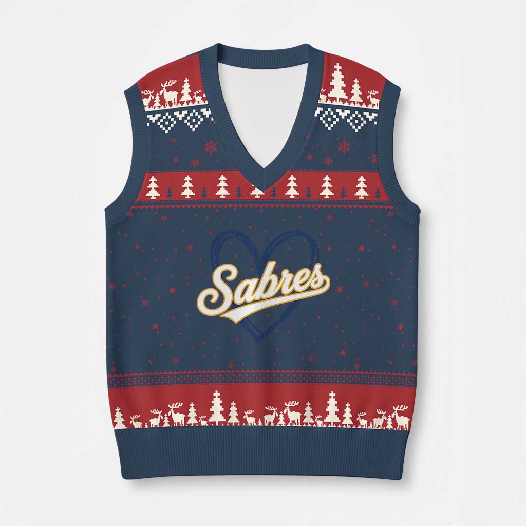 Vintage 70s Sabres Name Heart Script Style V-Neck Knit Sweater Vest Retro Distressed Tailgate Spirit Sports Fan
