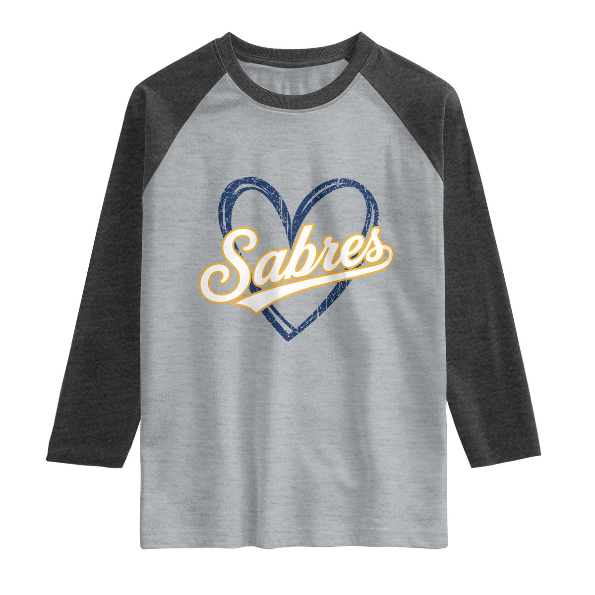 Vintage 70s Sabres Name Heart Script Style Raglan Shirt Retro Distressed Tailgate Spirit Sports Fan