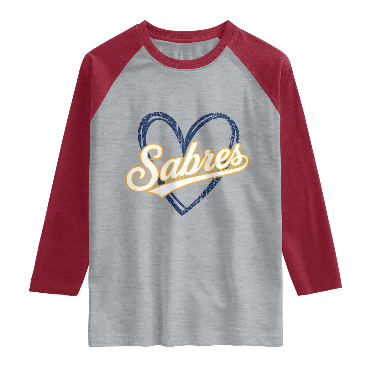 Vintage 70s Sabres Name Heart Script Style Raglan Shirt Retro Distressed Tailgate Spirit Sports Fan