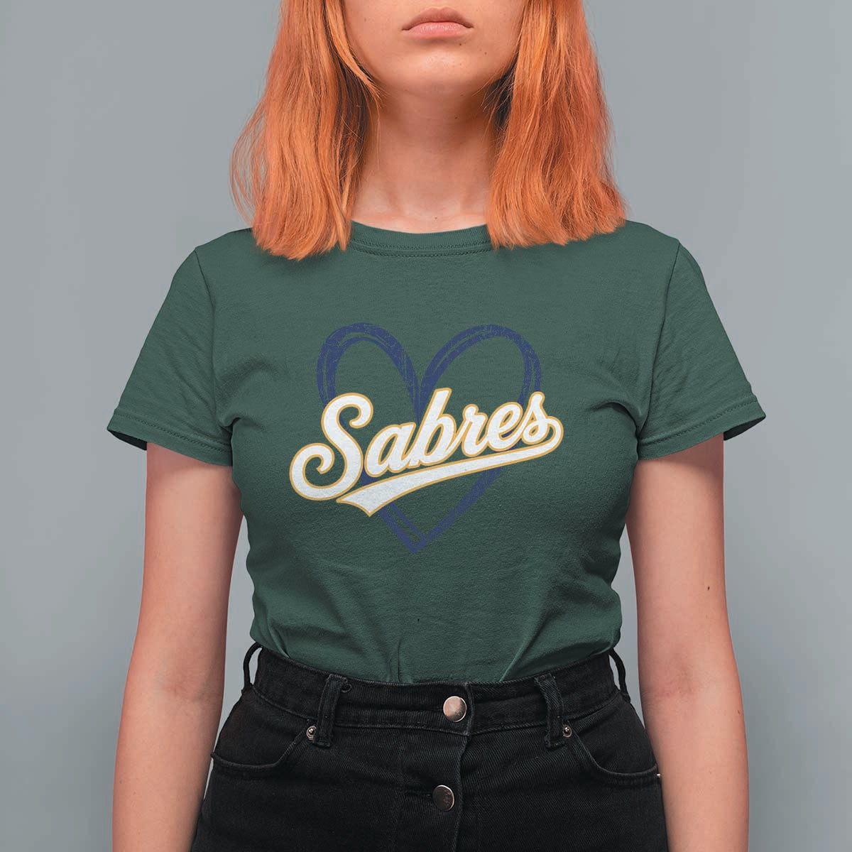 Vintage 70s Sabres Name Heart Script Style T Shirt For Women Retro Distressed Tailgate Spirit Sports Fan