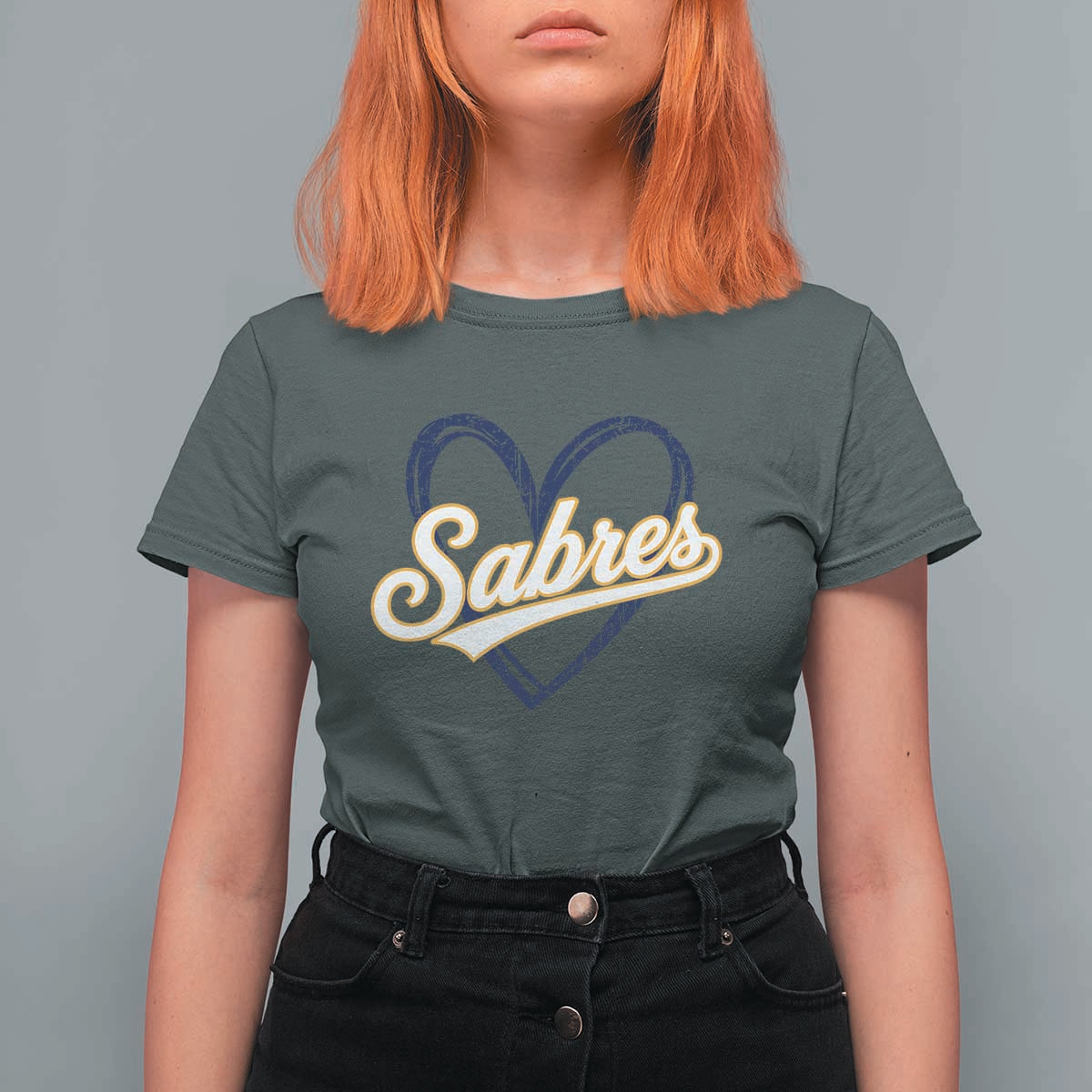 Vintage 70s Sabres Name Heart Script Style T Shirt For Women Retro Distressed Tailgate Spirit Sports Fan
