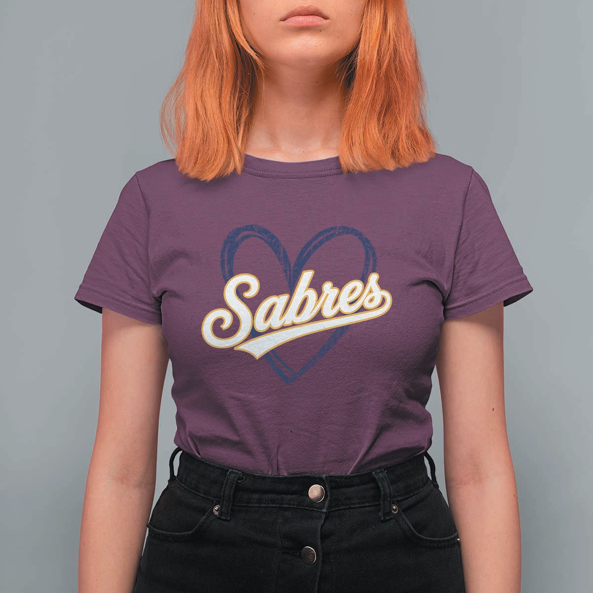 Vintage 70s Sabres Name Heart Script Style T Shirt For Women Retro Distressed Tailgate Spirit Sports Fan