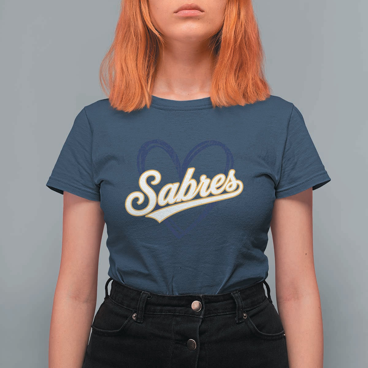 Vintage 70s Sabres Name Heart Script Style T Shirt For Women Retro Distressed Tailgate Spirit Sports Fan