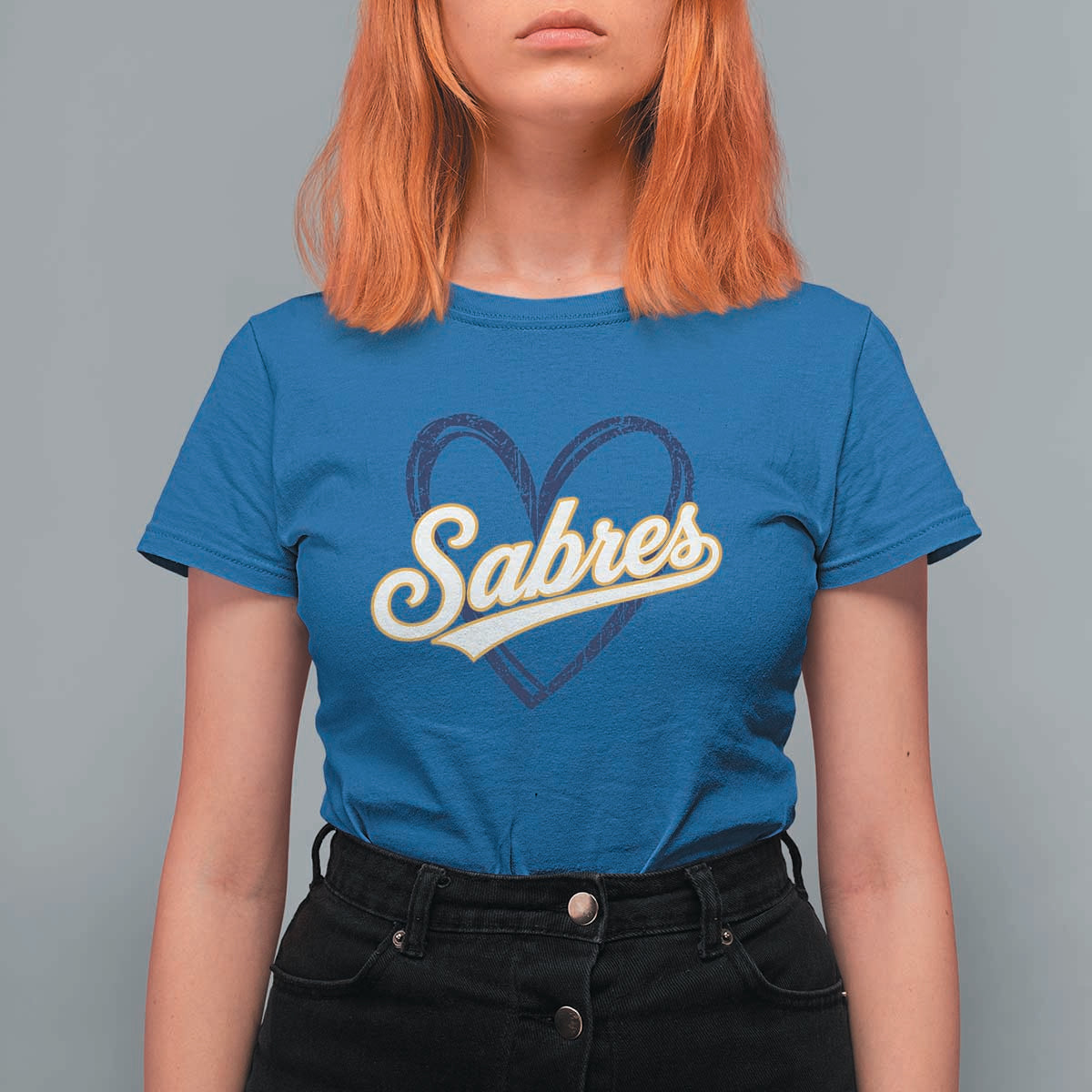 Vintage 70s Sabres Name Heart Script Style T Shirt For Women Retro Distressed Tailgate Spirit Sports Fan