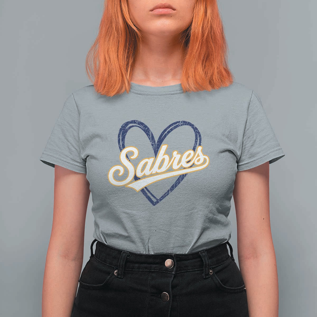 Vintage 70s Sabres Name Heart Script Style T Shirt For Women Retro Distressed Tailgate Spirit Sports Fan