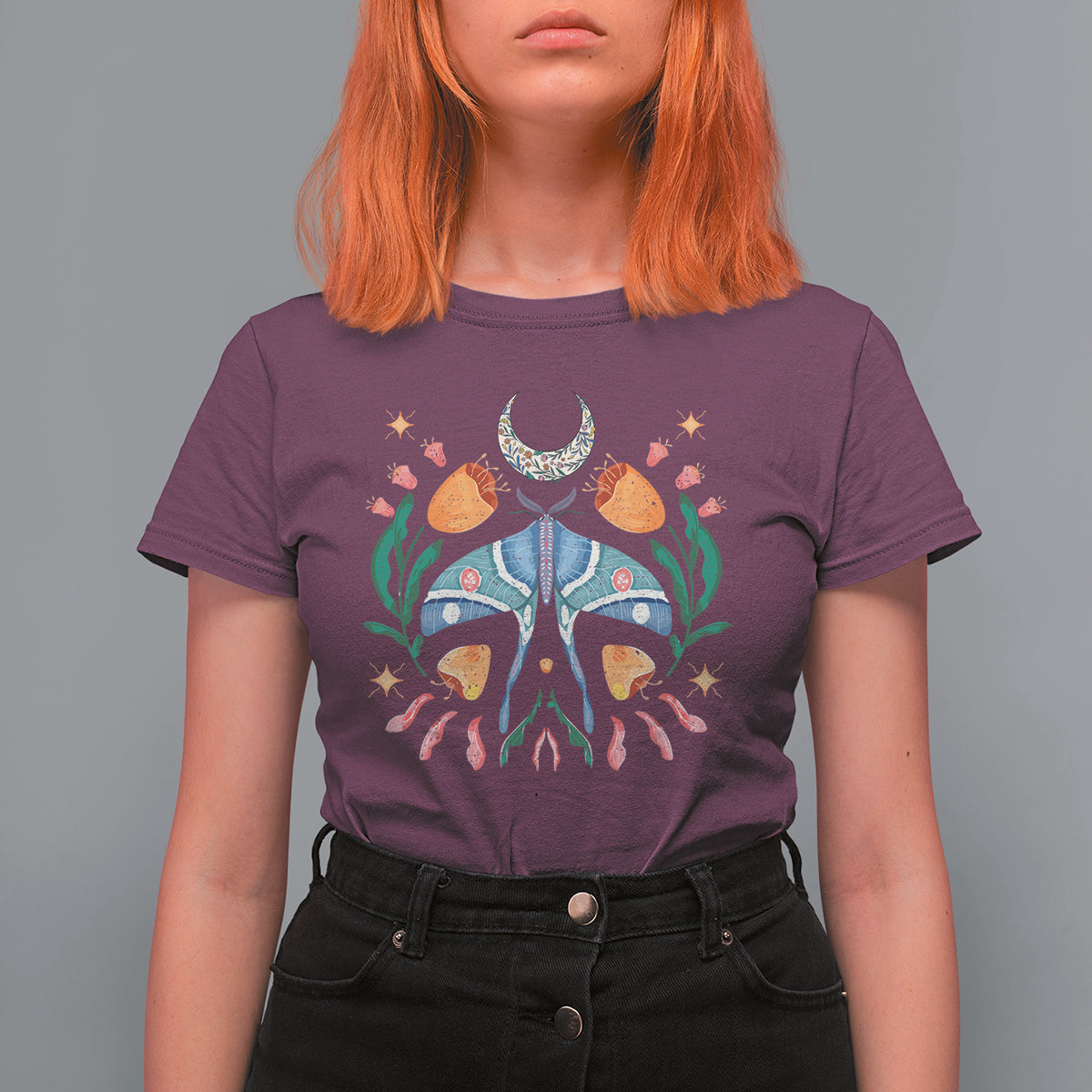 Retro Celestial Mystical Floral Moon Botanical Luna Moth T-shirt for Women, Luna Moth Gifts for Insect Lover, Spiritual T Shirt For Women - Wonder Print Shop