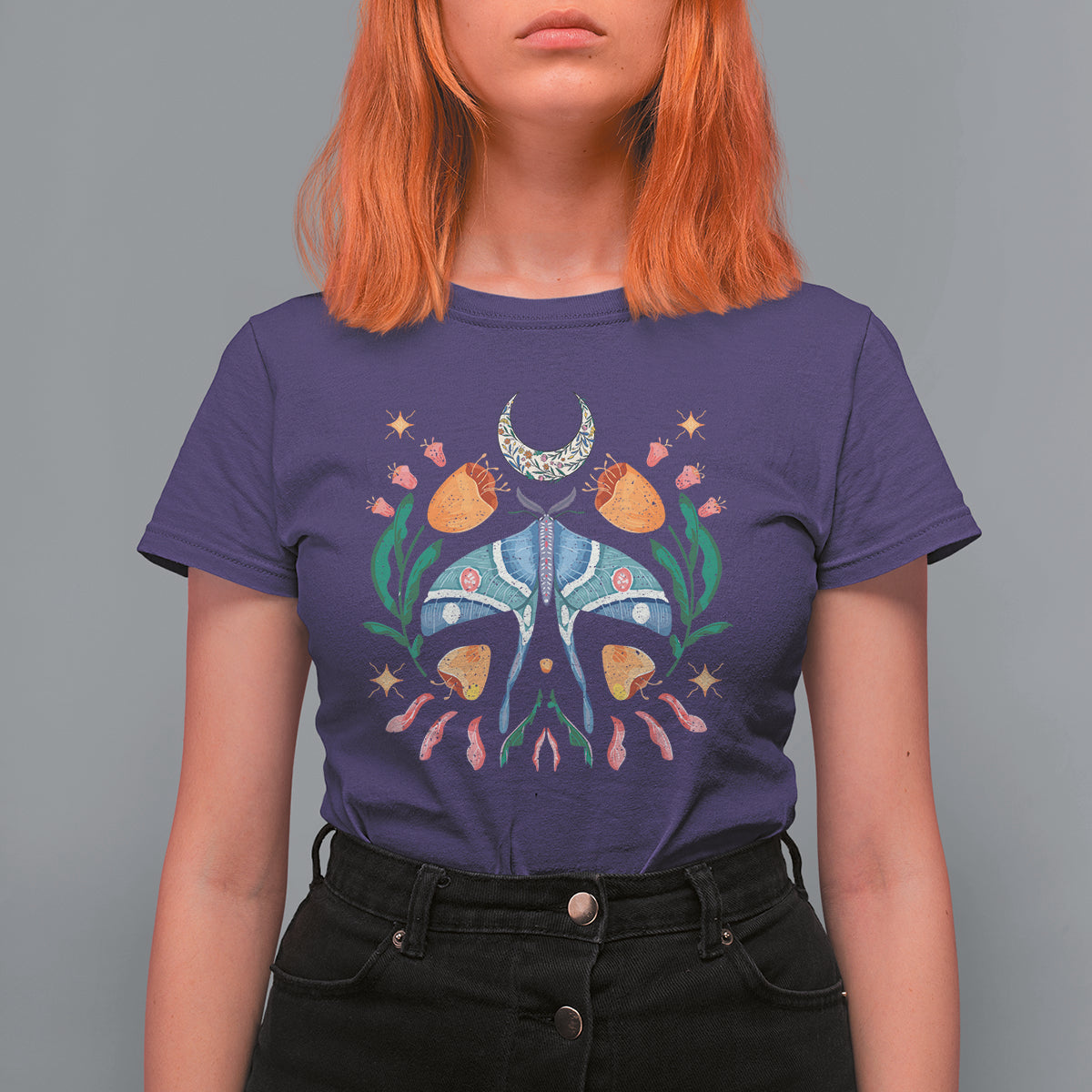 Retro Celestial Mystical Floral Moon Botanical Luna Moth T-shirt for Women, Luna Moth Gifts for Insect Lover, Spiritual T Shirt For Women - Wonder Print Shop
