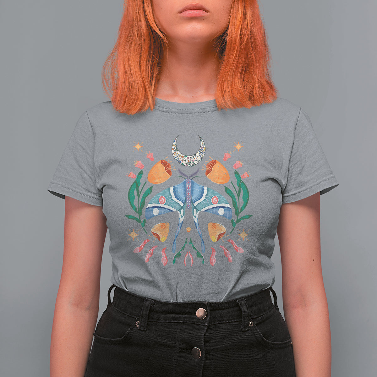 Retro Celestial Mystical Floral Moon Botanical Luna Moth T-shirt for Women, Luna Moth Gifts for Insect Lover, Spiritual T Shirt For Women - Wonder Print Shop