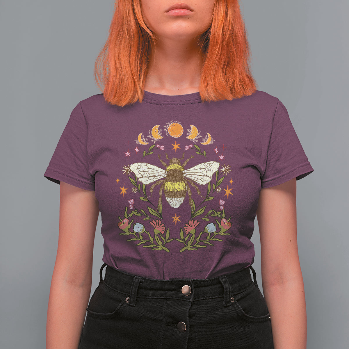 Retro Celestial Mystical Moon Phases Bumble Bee Botanical T-shirt for Women, Bee Gifts for Insect Lover, Bug Lover, Spiritual T Shirt For Women - Wonder Print Shop