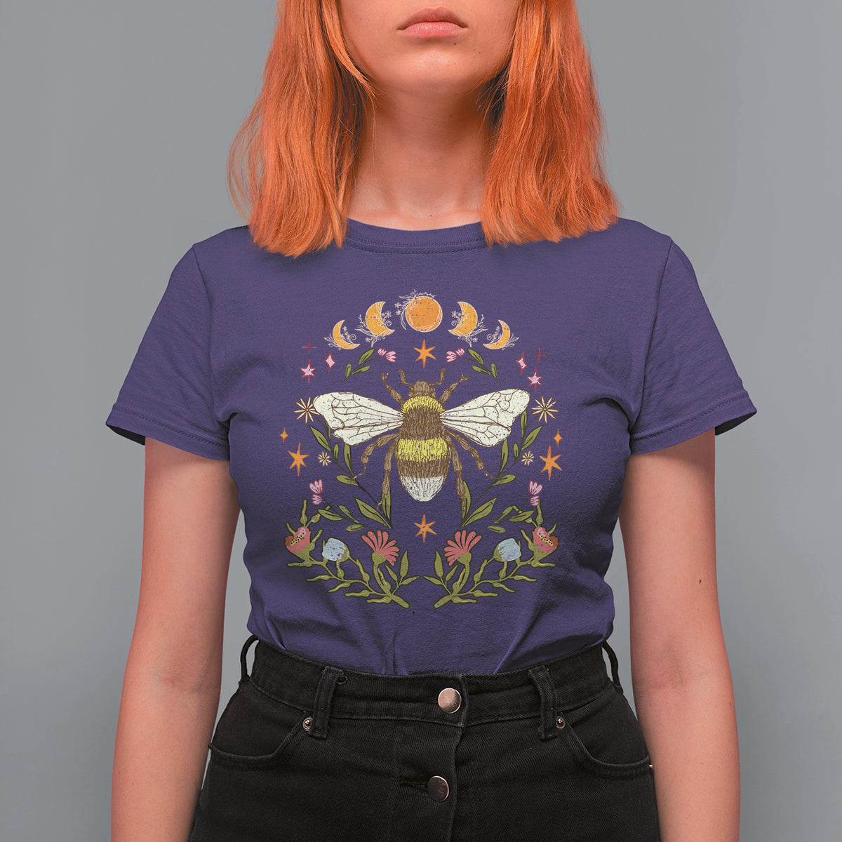 Retro Celestial Mystical Moon Phases Bumble Bee Botanical T-shirt for Women, Bee Gifts for Insect Lover, Bug Lover, Spiritual T Shirt For Women - Wonder Print Shop