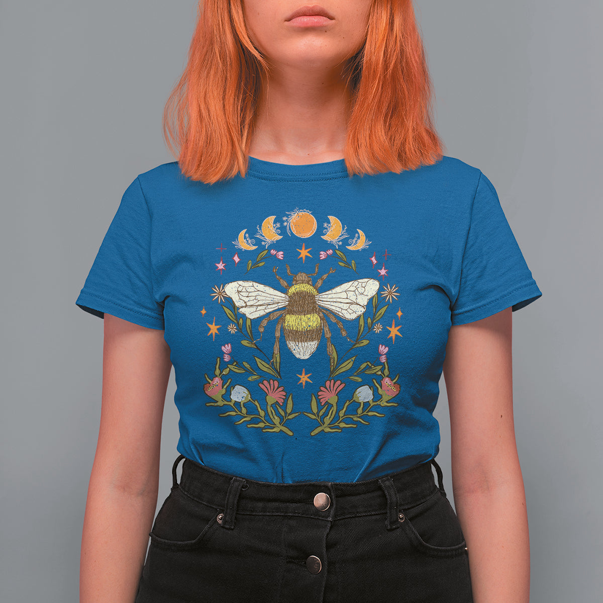 Retro Celestial Mystical Moon Phases Bumble Bee Botanical T-shirt for Women, Bee Gifts for Insect Lover, Bug Lover, Spiritual T Shirt For Women - Wonder Print Shop