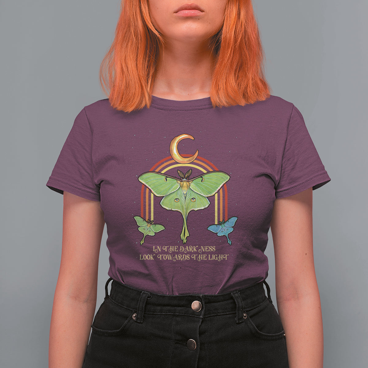 Celestial Occult In The Darkness Look Towards The Light Inspirational Spiritual Luna Moth T-Shirt for Women, Moth Spirituality T Shirt For Women - Wonder Print Shop