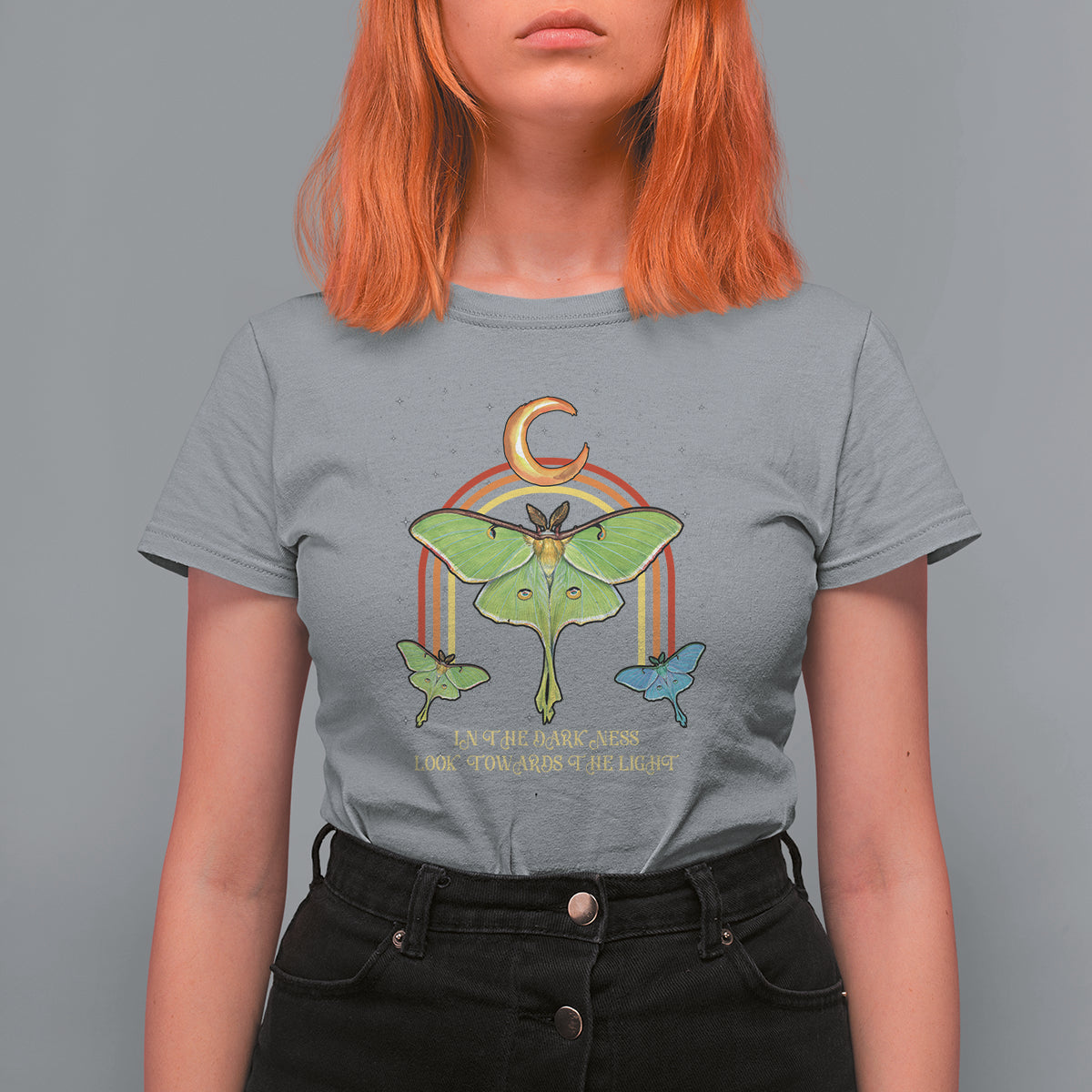 Celestial Occult In The Darkness Look Towards The Light Inspirational Spiritual Luna Moth T-Shirt for Women, Moth Spirituality T Shirt For Women - Wonder Print Shop