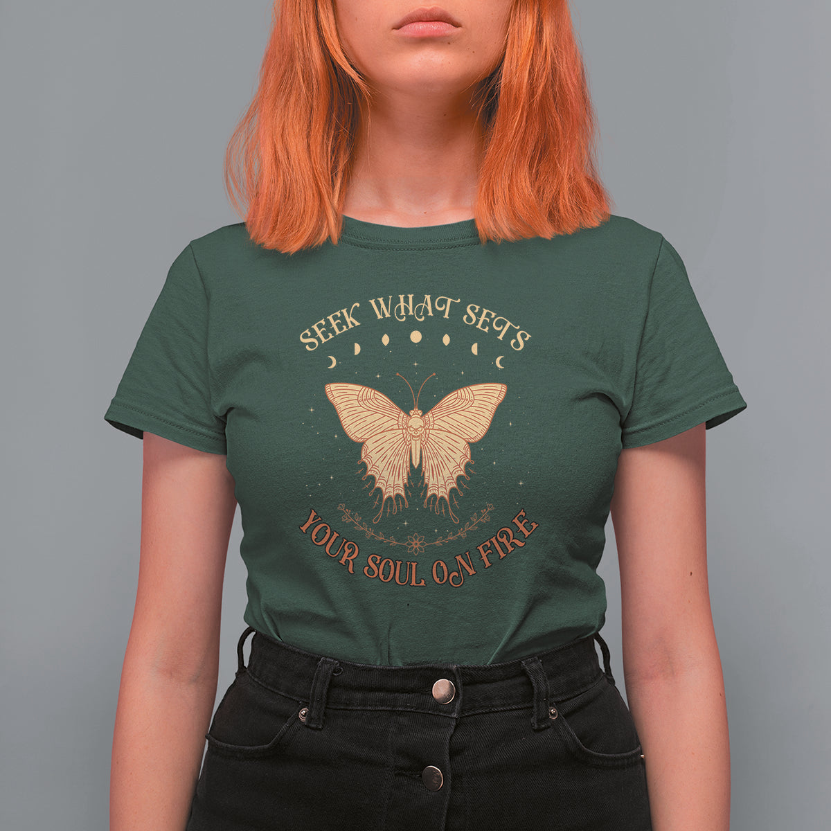 Celestial Entomology Mystic Moon Phases Dead Moth Seek What Sets Your Soul On Fire Hawkmoth T-Shirt for Women, Spiritual Moth Gift T Shirt For Women - Wonder Print Shop