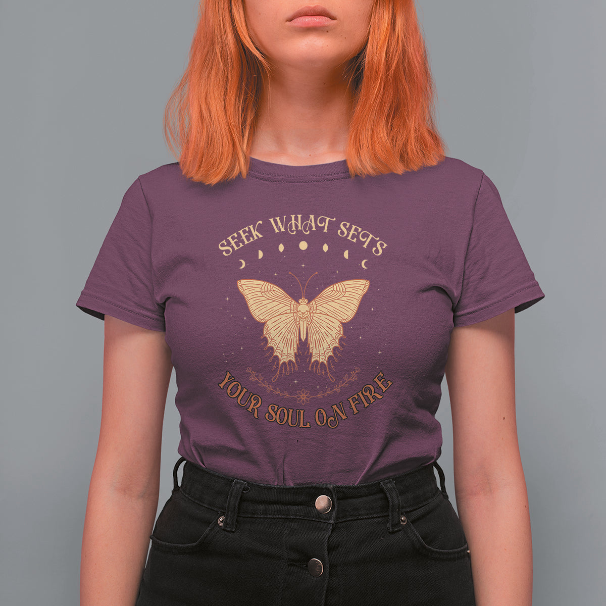 Celestial Entomology Mystic Moon Phases Dead Moth Seek What Sets Your Soul On Fire Hawkmoth T-Shirt for Women, Spiritual Moth Gift T Shirt For Women - Wonder Print Shop