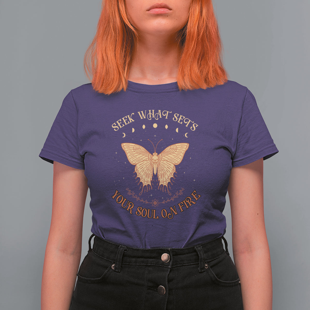 Celestial Entomology Mystic Moon Phases Dead Moth Seek What Sets Your Soul On Fire Hawkmoth T-Shirt for Women, Spiritual Moth Gift T Shirt For Women - Wonder Print Shop
