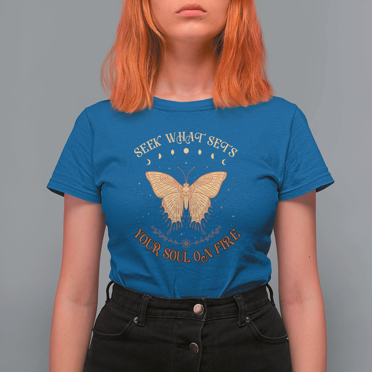 Celestial Entomology Mystic Moon Phases Dead Moth Seek What Sets Your Soul On Fire Hawkmoth T-Shirt for Women, Spiritual Moth Gift T Shirt For Women - Wonder Print Shop