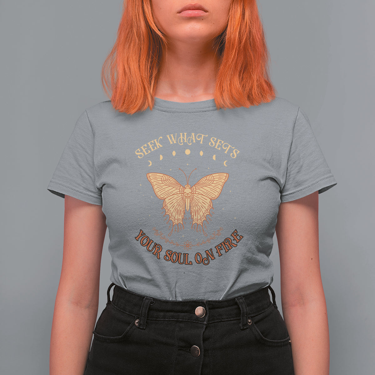 Celestial Entomology Mystic Moon Phases Dead Moth Seek What Sets Your Soul On Fire Hawkmoth T-Shirt for Women, Spiritual Moth Gift T Shirt For Women - Wonder Print Shop