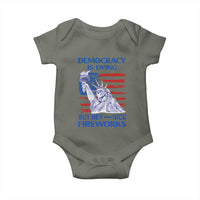 Funny Democracy Is Dying But Hey Nice Fireworks Baby Onesie Statue of Liberty Patriotic 4th of July American Flag