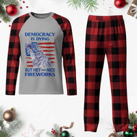 Funny Democracy Is Dying But Hey Nice Fireworks Plaid Pajama Set Statue of Liberty Patriotic 4th of July American Flag - Wonder Print Shop
