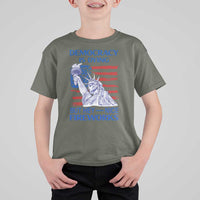 Funny Democracy Is Dying But Hey Nice Fireworks T Shirt For Kid Statue of Liberty Patriotic 4th of July American Flag