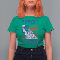 Funny Democracy Is Dying But Hey Nice Fireworks T Shirt For Women Statue of Liberty Patriotic 4th of July American Flag