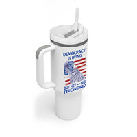 Funny Democracy Is Dying But Hey Nice Fireworks Tumbler With Handle Statue of Liberty Patriotic 4th of July American Flag