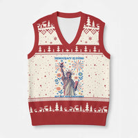 Funny Democracy Is Dying But Hey Nice Fireworks V-Neck Knit Sweater Vest Statue of Liberty Red and White Patriotic 4th of July - Wonder Print Shop