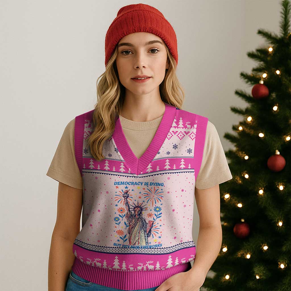 Funny Democracy Is Dying But Hey Nice Fireworks V-Neck Knit Sweater Vest Statue of Liberty Red and White Patriotic 4th of July - Wonder Print Shop