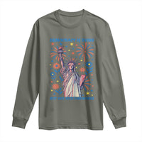 Funny Democracy Is Dying But Hey Nice Fireworks Long Sleeve Shirt Statue of Liberty Red and White Patriotic 4th of July