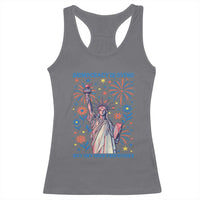 Funny Democracy Is Dying But Hey Nice Fireworks Racerback Tank Top Statue of Liberty Red and White Patriotic 4th of July