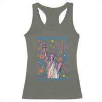 Funny Democracy Is Dying But Hey Nice Fireworks Racerback Tank Top Statue of Liberty Red and White Patriotic 4th of July